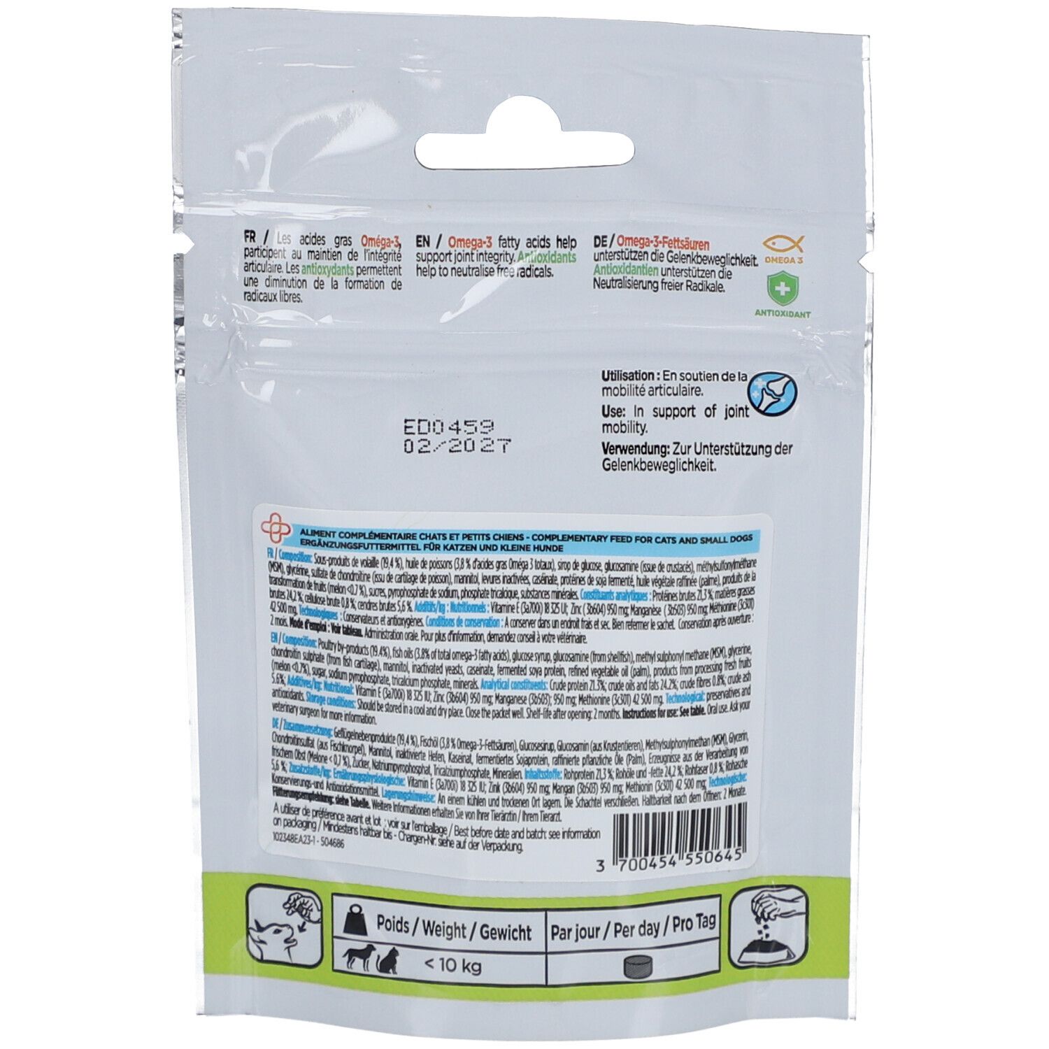 Dos du sachet "Locox TT mini". Texte : "Aliment complémentaire", ingrédients, utilisation, poids.