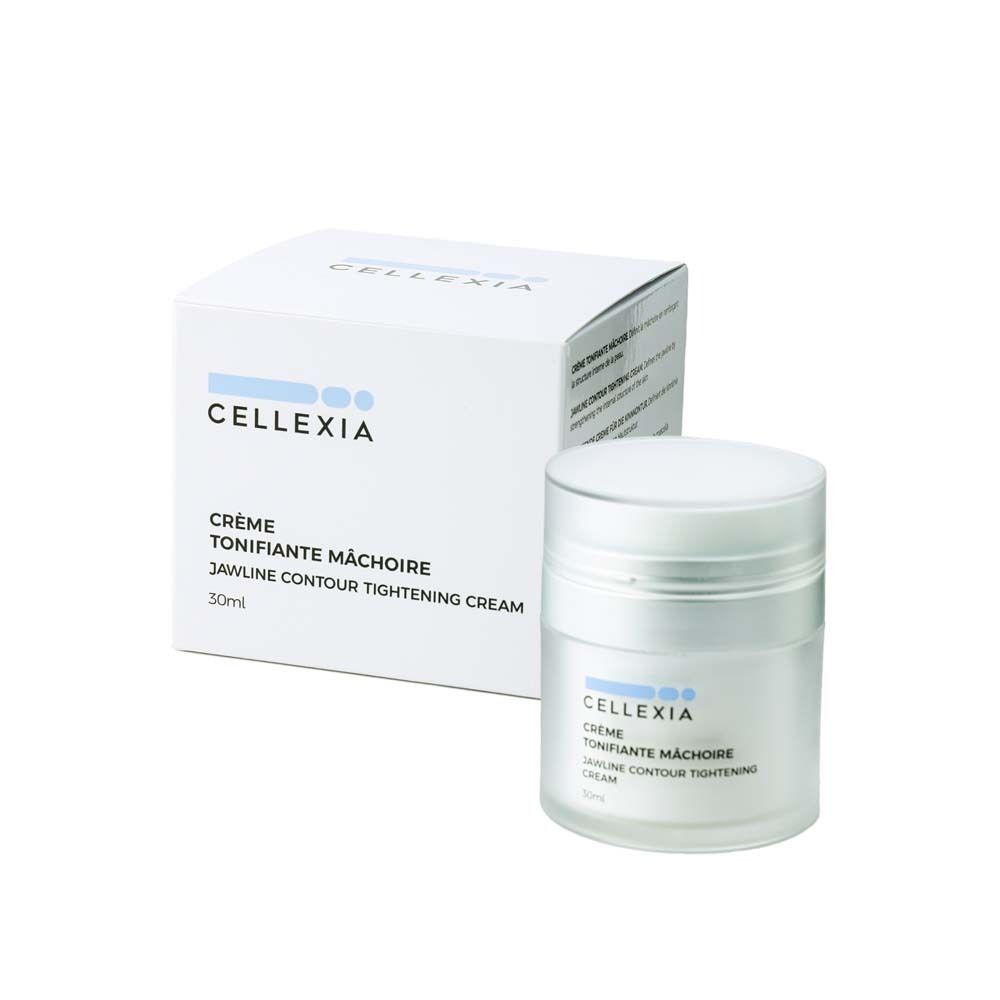 Creme-Tiegel und Schachtel. Aufschrift: Cellexia, Crème Tonifiante Mâchoire, Jawline Contour Tightening Cream. 30ml.