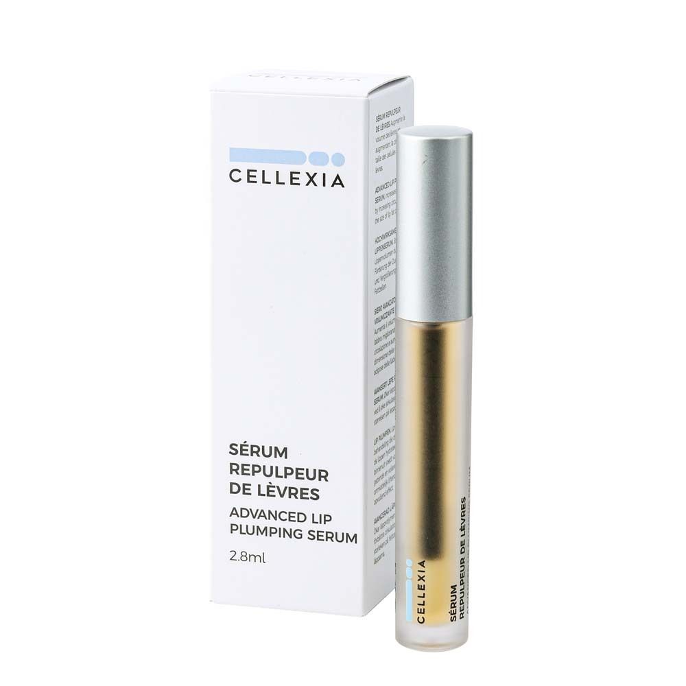 Serum-Fläschchen mit silberner Kappe und Karton. Aufschrift: Cellexia, Sérum Repulpeur de Lèvres, Advanced Lip Plumping Serum.