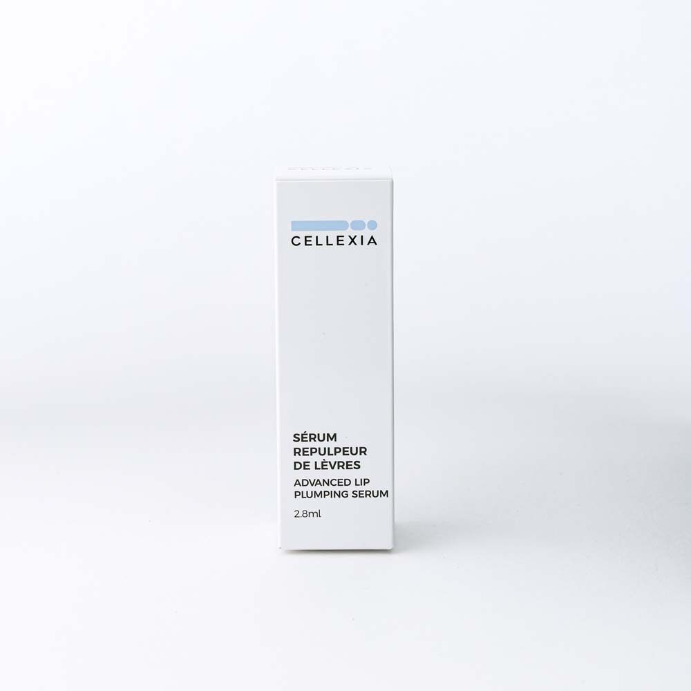 Weiße Schachtel mit Cellexia-Logo und Aufschrift: Sérum Repulpeur de Lèvres, Advanced Lip Plumping Serum, 2.8ml.