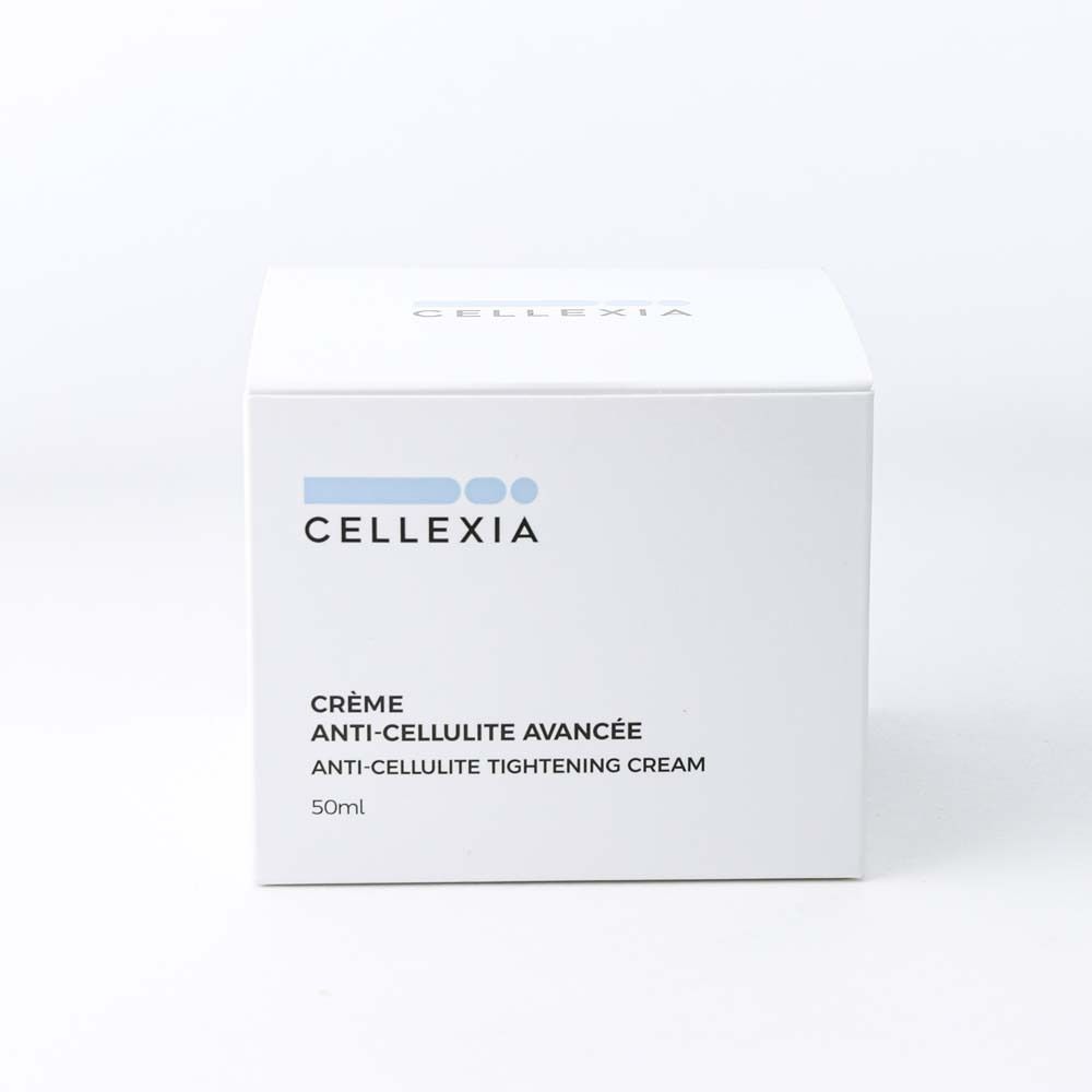 Weiße Schachtel. Aufschrift: Cellexia, Crème Anti-Cellulite Avancée, Anti-Cellulite Tightening Cream, 50ml.