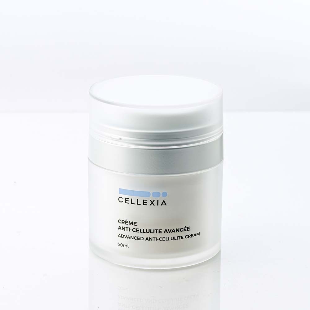 Creme-Dose mit Deckel. Aufschrift: Cellexia, Crème Anti-Cellulite Avancée, Advanced Anti-Cellulite Cream, 50ml.