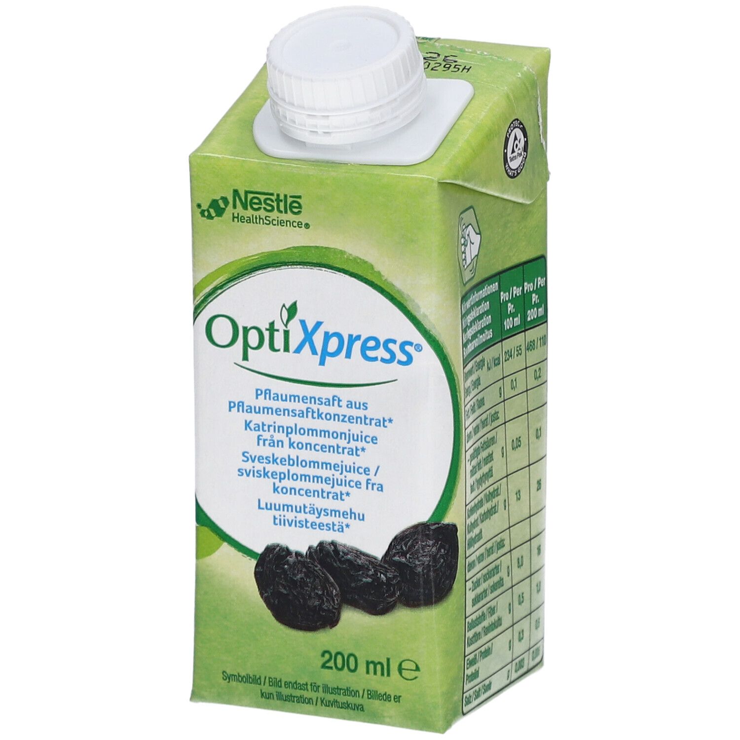 Grüne Getränkekarton mit weißem Deckel. Aufschrift OptiXpress und Pflaumenabbildung. 200 ml.