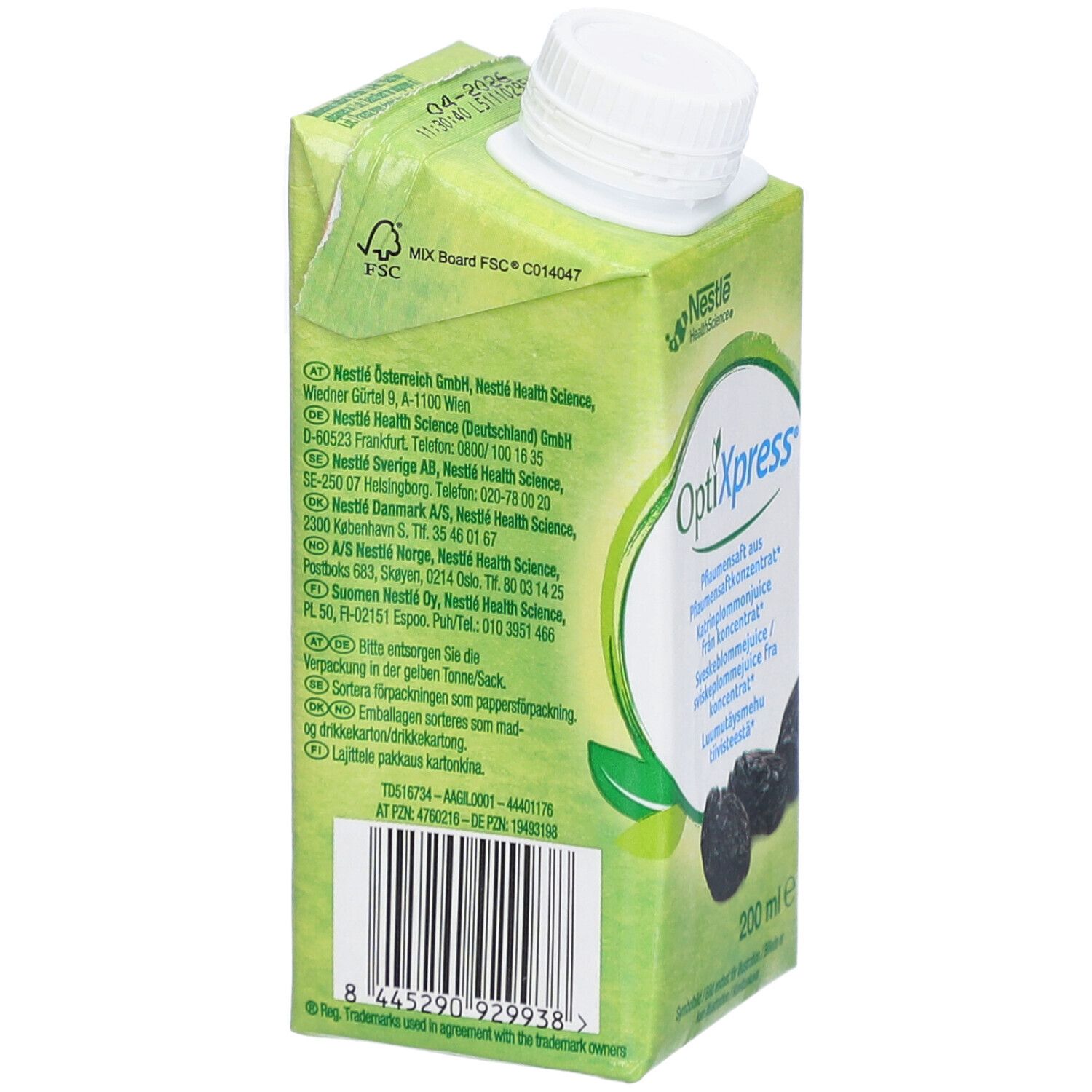 Rückseite der OptiXpress-Verpackung. Enthält Informationen und Logos. FSC-Logo und Nestlé-Logo.