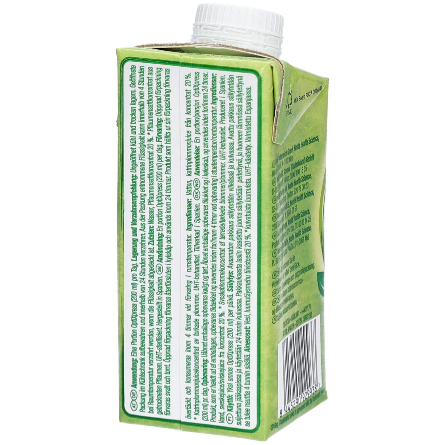 Seitenansicht der OptiXpress-Verpackung. Textinformationen in mehreren Sprachen. Barcode.