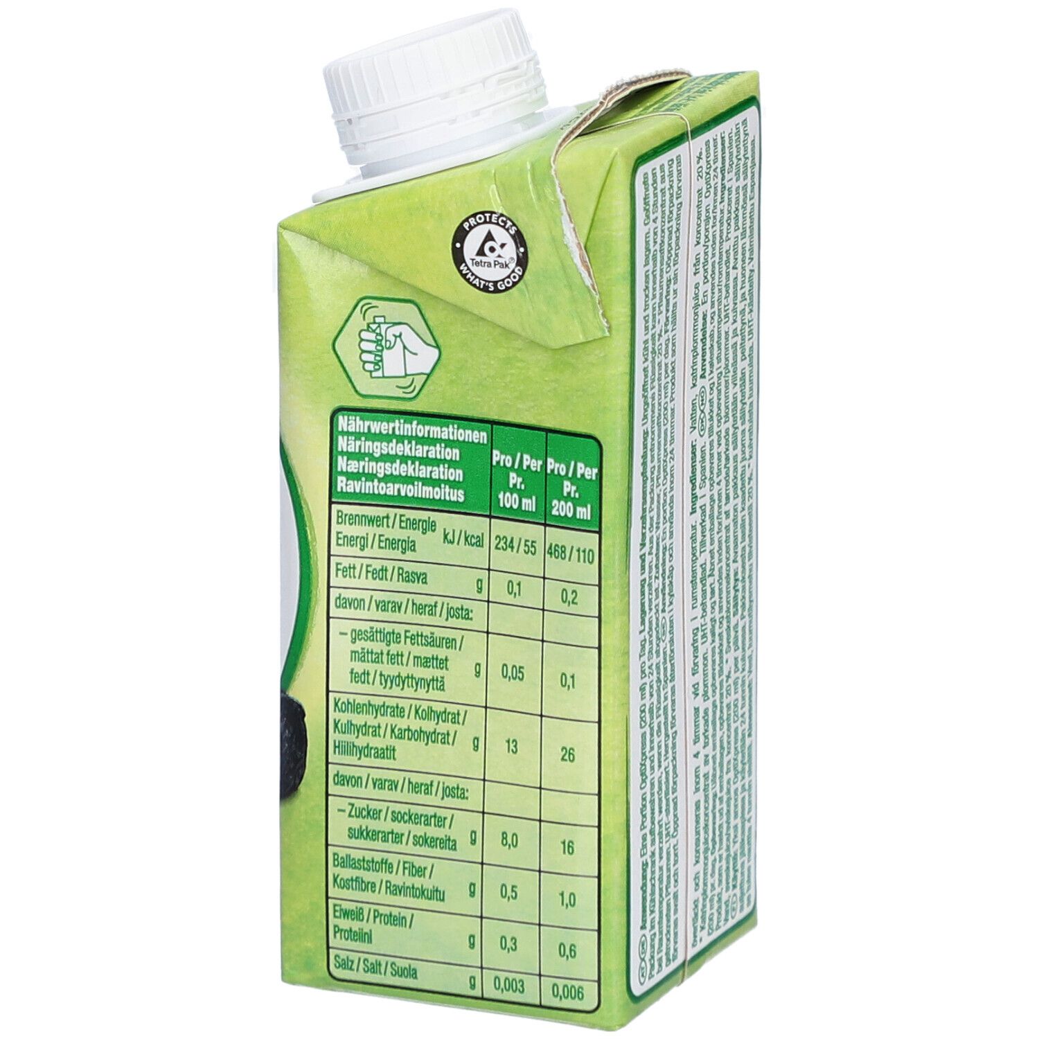 Seite der OptiXpress-Verpackung mit Nährwertangaben. Enthält Informationen pro Portion und pro 100 ml.