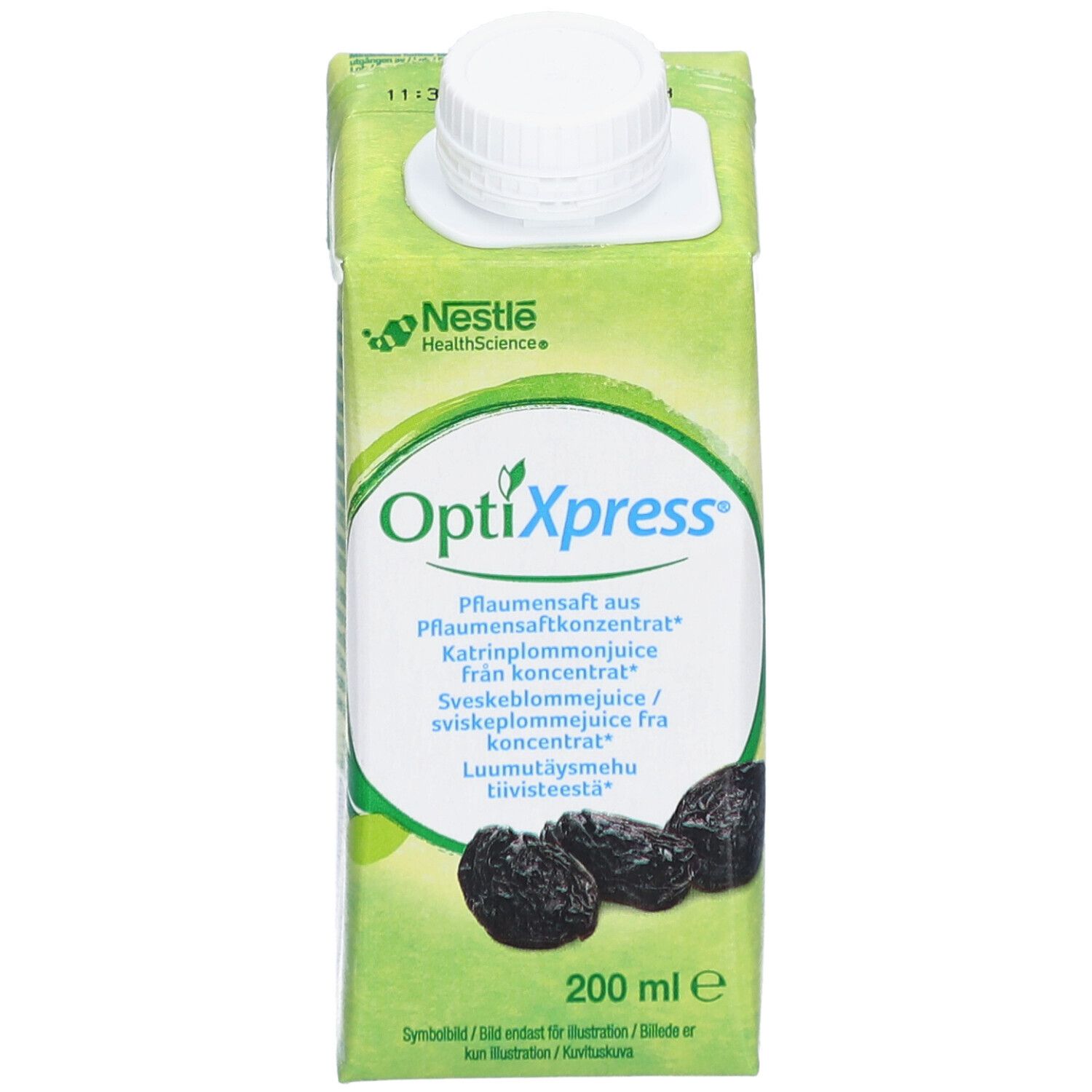 OptiXpress-Getränkekarton mit weißem Deckel. Aufschrift OptiXpress und Pflaumenabbildung. 200 ml.