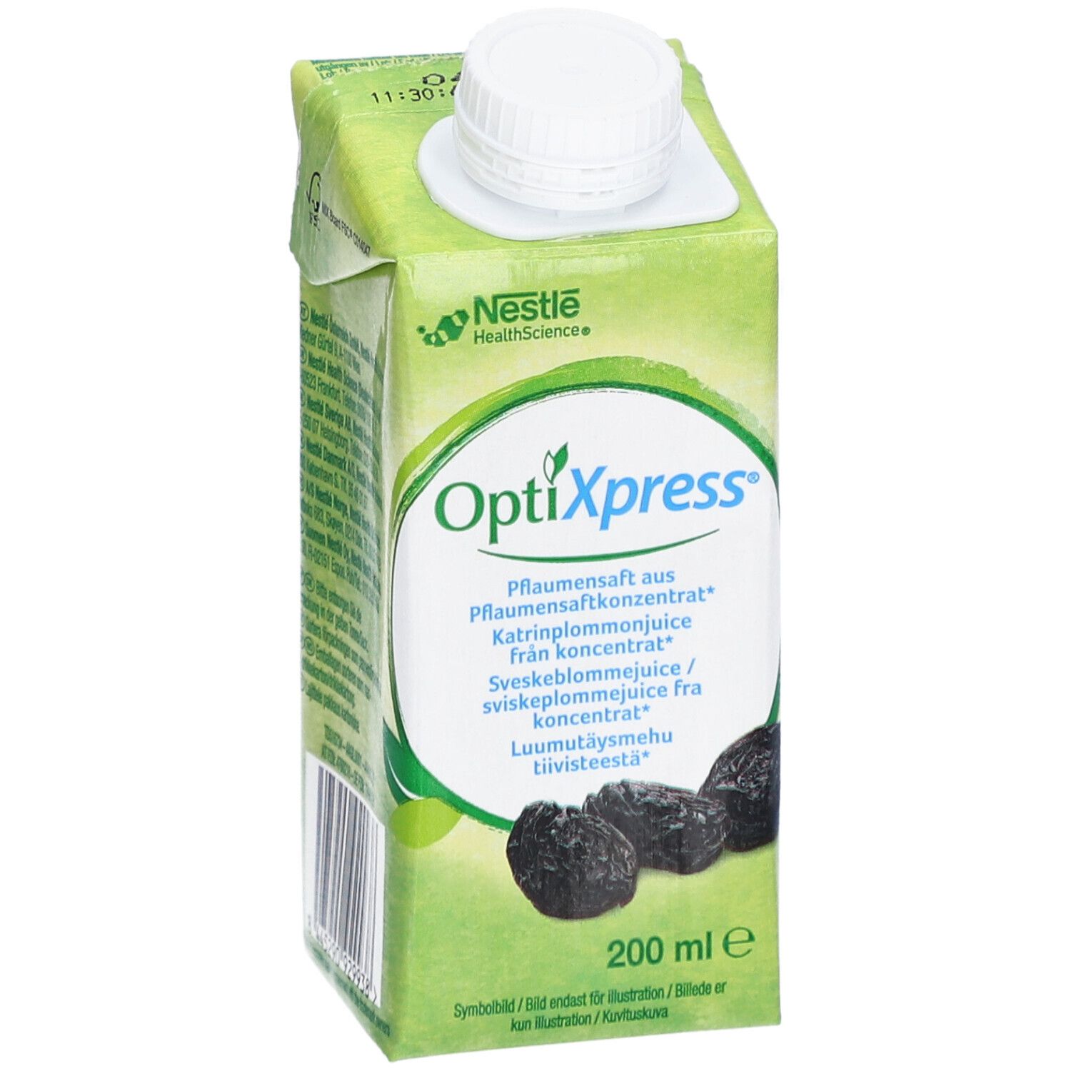 OptiXpress-Getränkekarton mit weißem Deckel. Aufschrift OptiXpress und Pflaumenabbildung. 200 ml.