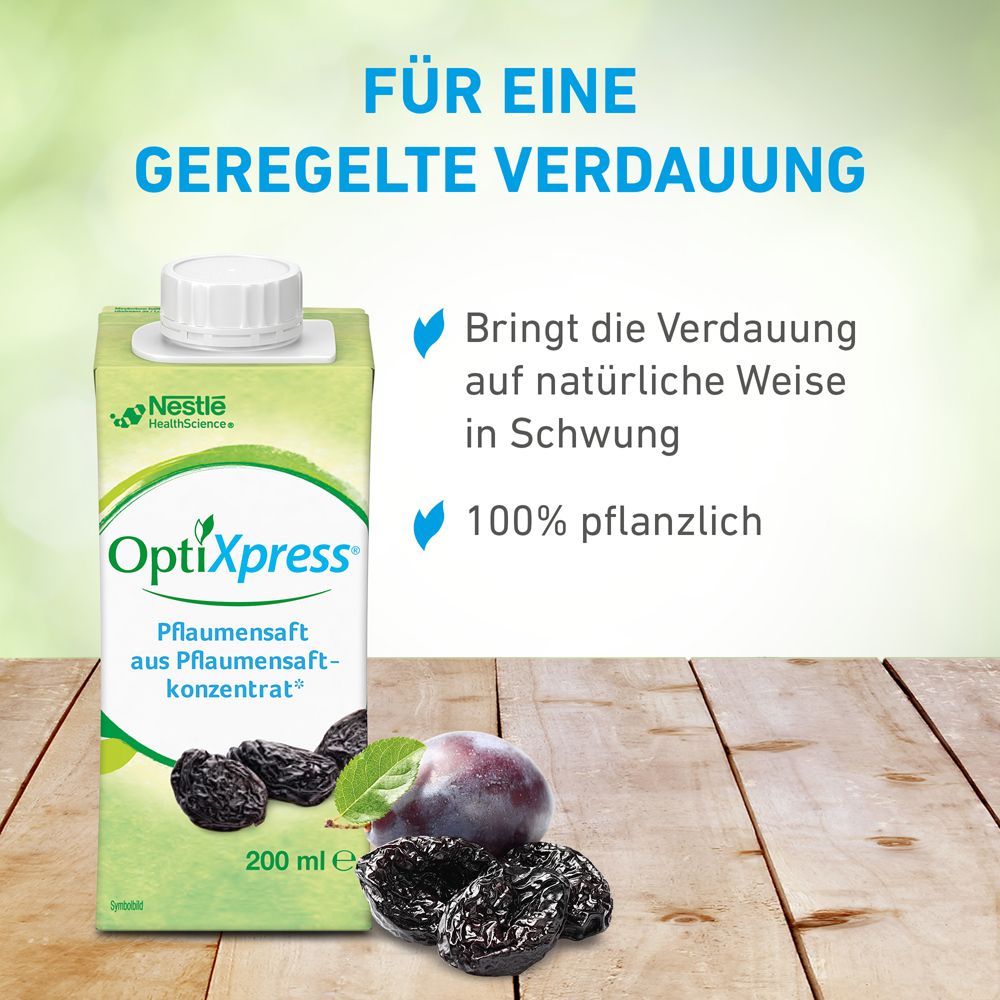 OptiXpress® Pflaumensaft. Tetrapack mit Schraubverschluss. Abbildung von Pflaumen und getrockneten Pflaumen.