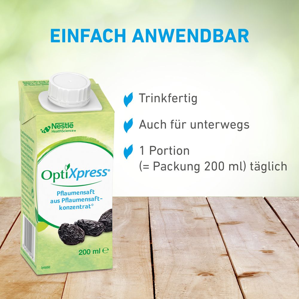 OptiXpress® Pflaumensaft. Tetrapack mit Schraubverschluss. Text: Trinkfertig, auch für unterwegs, 1 Portion.