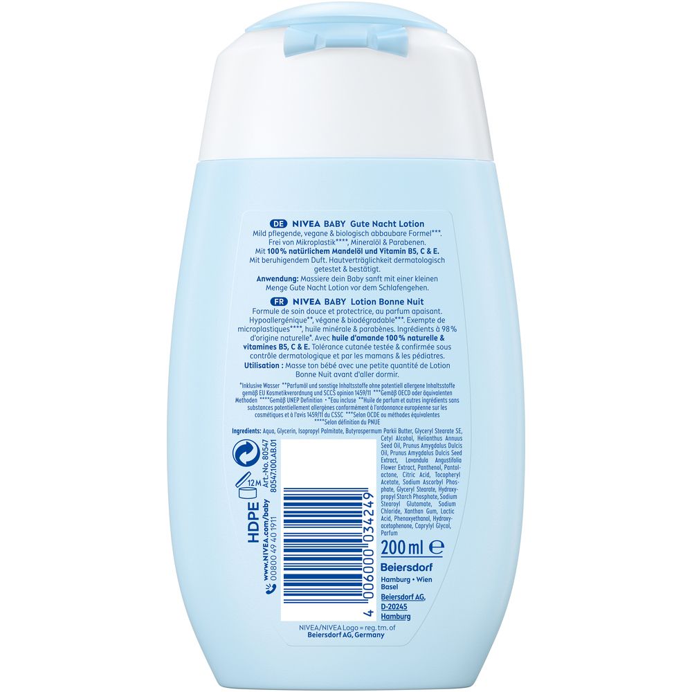 Arrière de la bouteille Nivea Baby Gute Nacht Lotion avec ingrédients et instructions. 200ml.