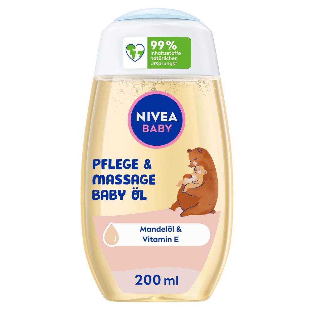 Bouteille d'huile de massage et de soin pour bébé NIVEA BABY avec motif ours. Contient de l'huile d'amande et de la vitamine E. 200 ml.
