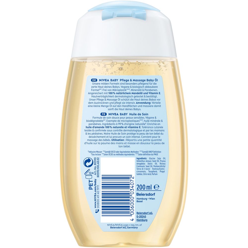 Arrière de la bouteille d'huile de massage et de soin pour bébé NIVEA BABY avec liste des ingrédients et code-barres. 200 ml.