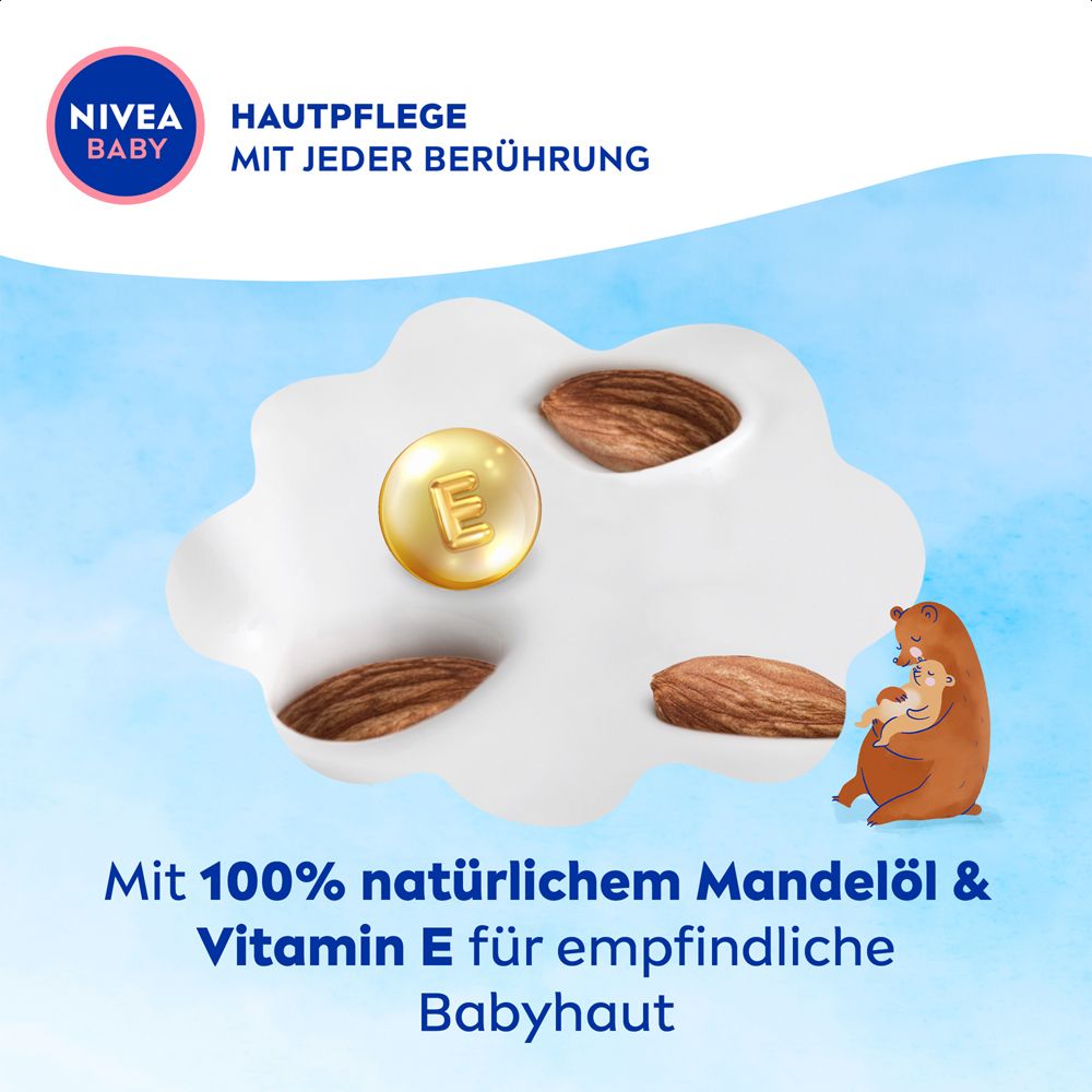 Soin de la peau NIVEA BABY : Huile d'amande et vitamine E pour la peau sensible des bébés. Avec motif ours.