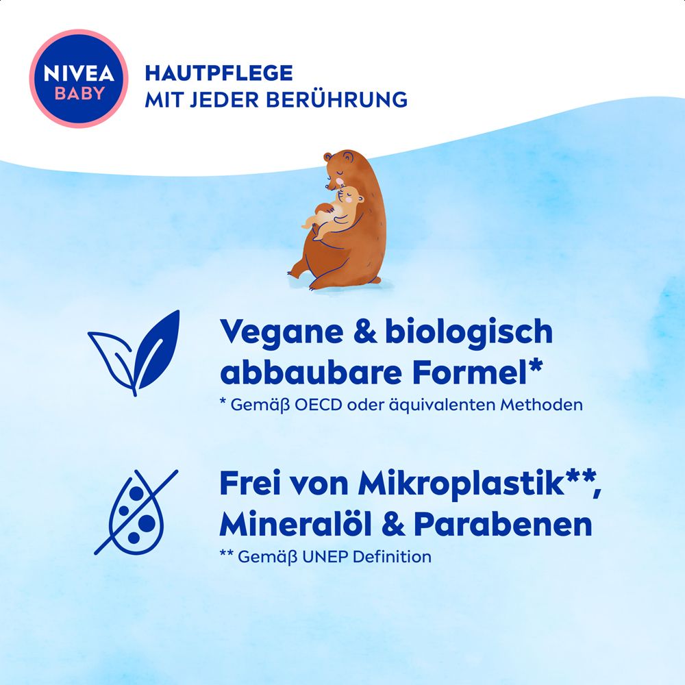 NIVEA BABY : Formule végane et biodégradable, sans microplastique, huile minérale ni parabènes. Avec motif ours.