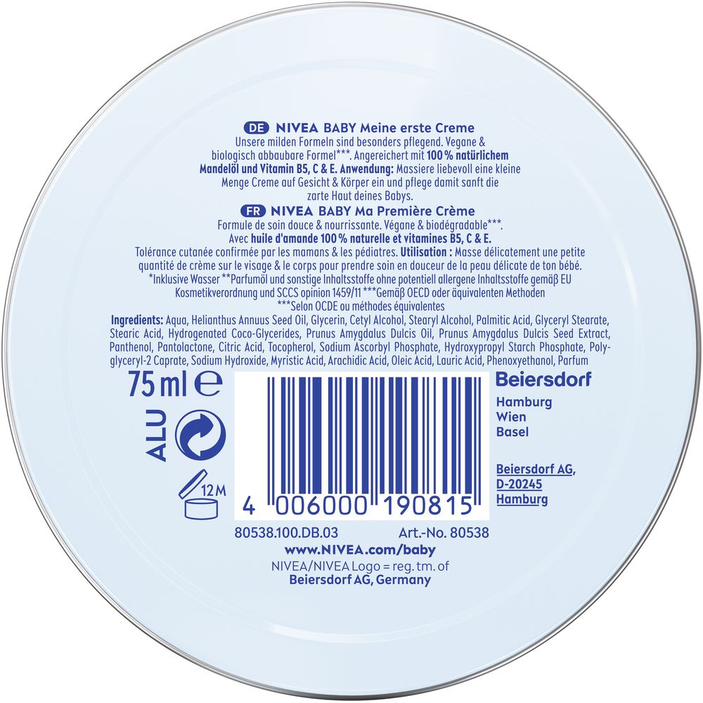 Dos NIVEA BABY Ma Première Crème pot avec informations produit et code-barres. 75 ml.