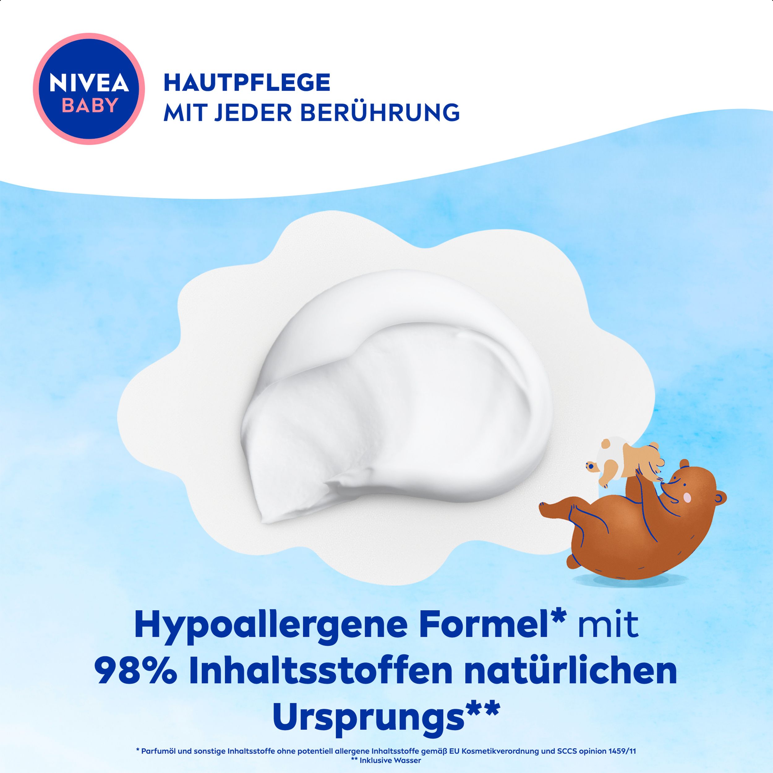 Texture crème NIVEA BABY avec motif ours. Formule hypoallergénique avec 98% d'ingrédients naturels.