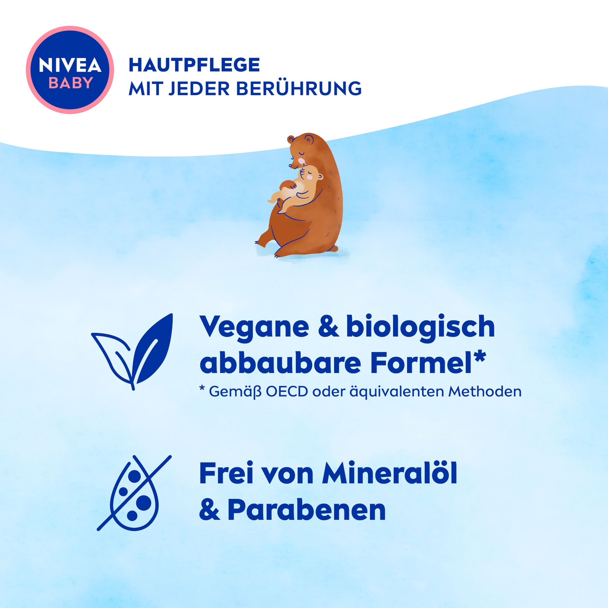 Sceaux NIVEA BABY 'Formule vegan & biodégradable' et 'Sans huile minérale & parabènes'. Avec motif ours.