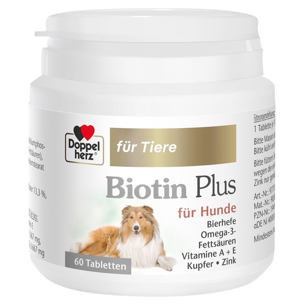 Weiße Dose mit Etikett. Doppelherz für Tiere Biotin Plus für Hunde. 60 Tabletten. Bild eines Hundes.