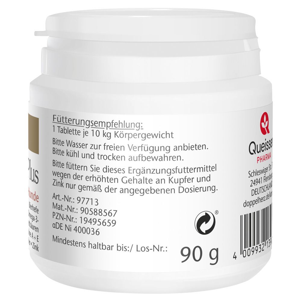 Rückseite der Dose. Fütterungsempfehlung. Queisser Pharma. 90 g. Mindesthaltbarkeit. Barcode.