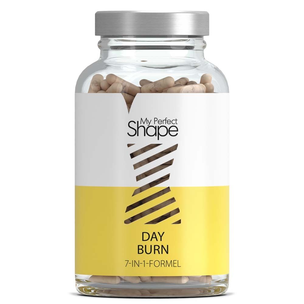 Kapseln in einer Glasflasche. Aufschrift: My Perfect Shape, Day Burn, 7-in-1-Formel.