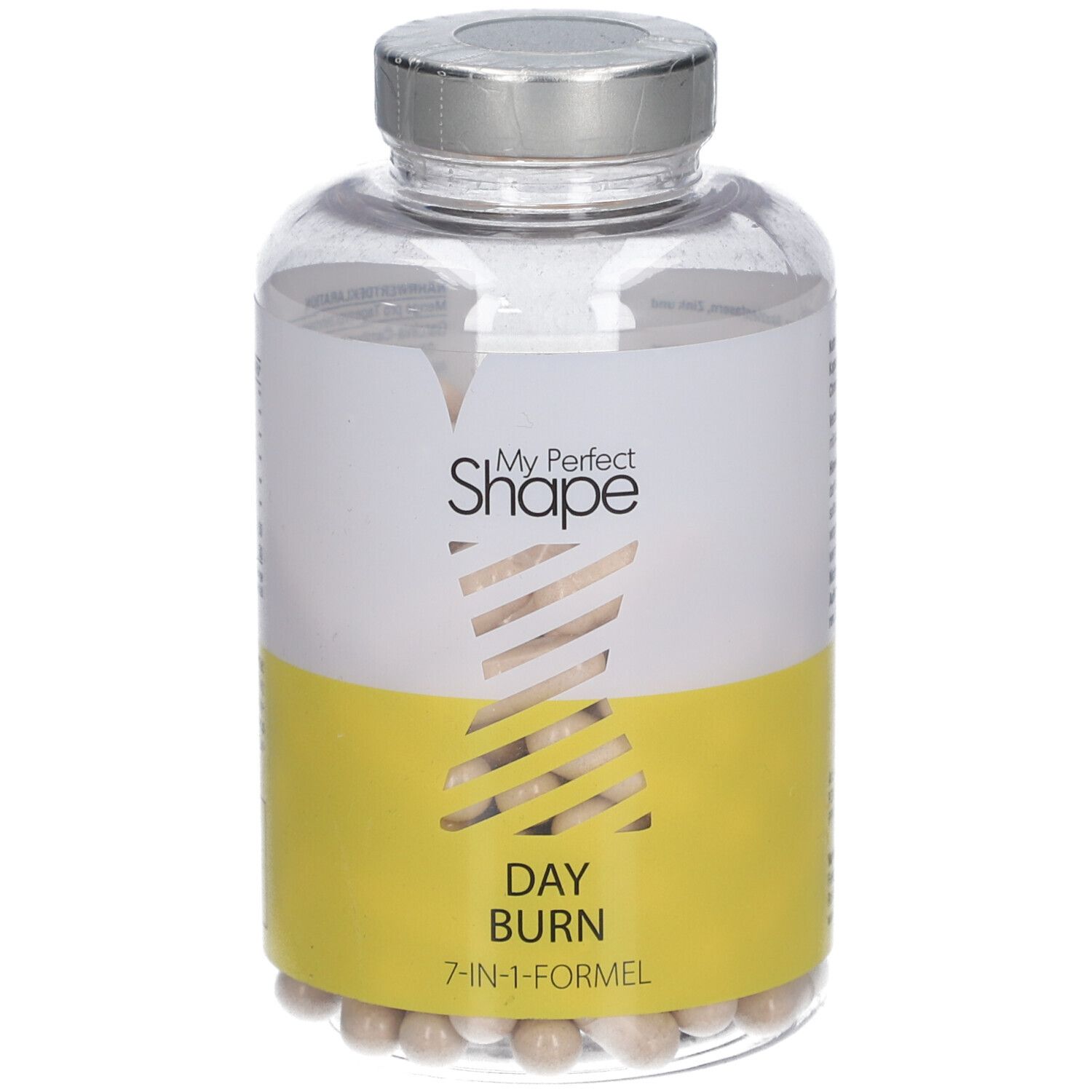 Glasflasche mit Kapseln. Aufschrift: My Perfect Shape, Day Burn, 7-in-1-Formel.