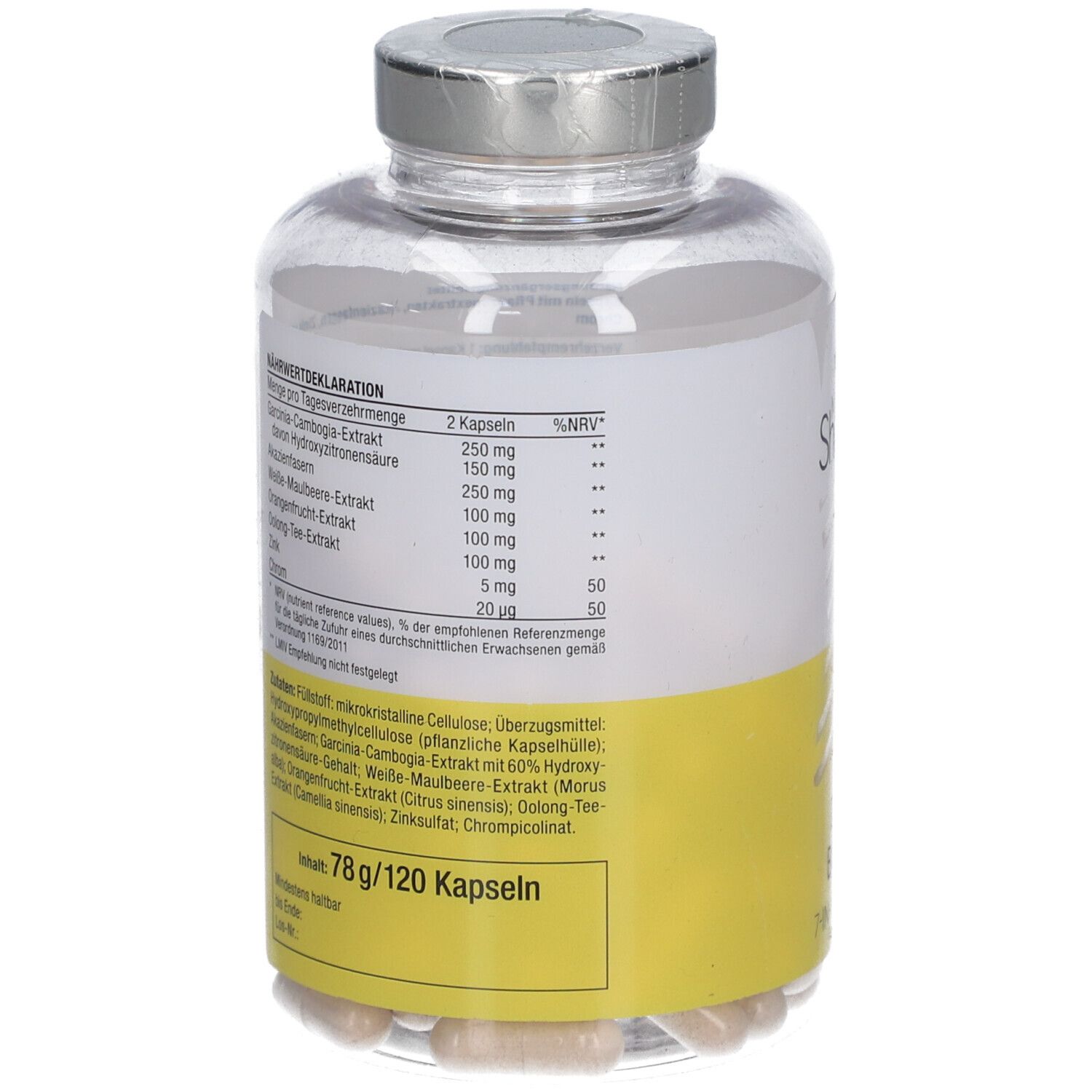 Rückseite der Flasche. Nährwertdeklaration, Inhaltsstoffe. 78g/120 Kapseln.