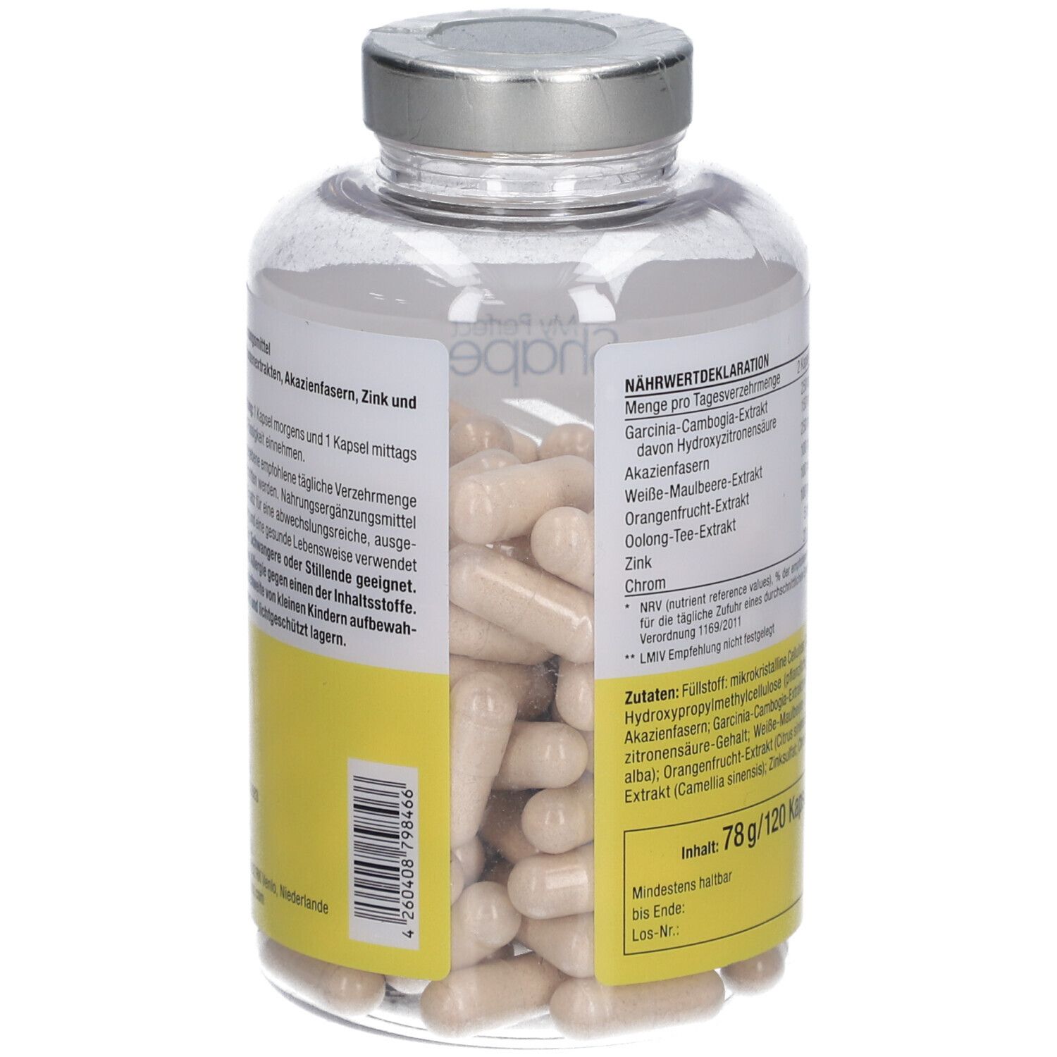 Rückseite der Flasche. Nährwertdeklaration, Inhaltsstoffe. 78g/120 Kapseln.
