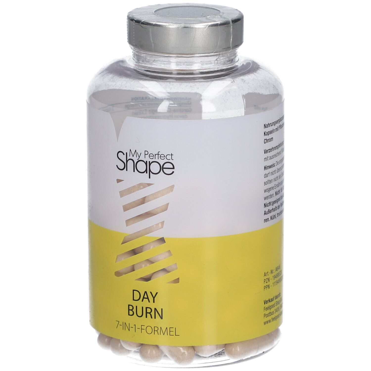 Glasflasche mit Kapseln. Aufschrift: My Perfect Shape, Day Burn, 7-in-1-Formel.