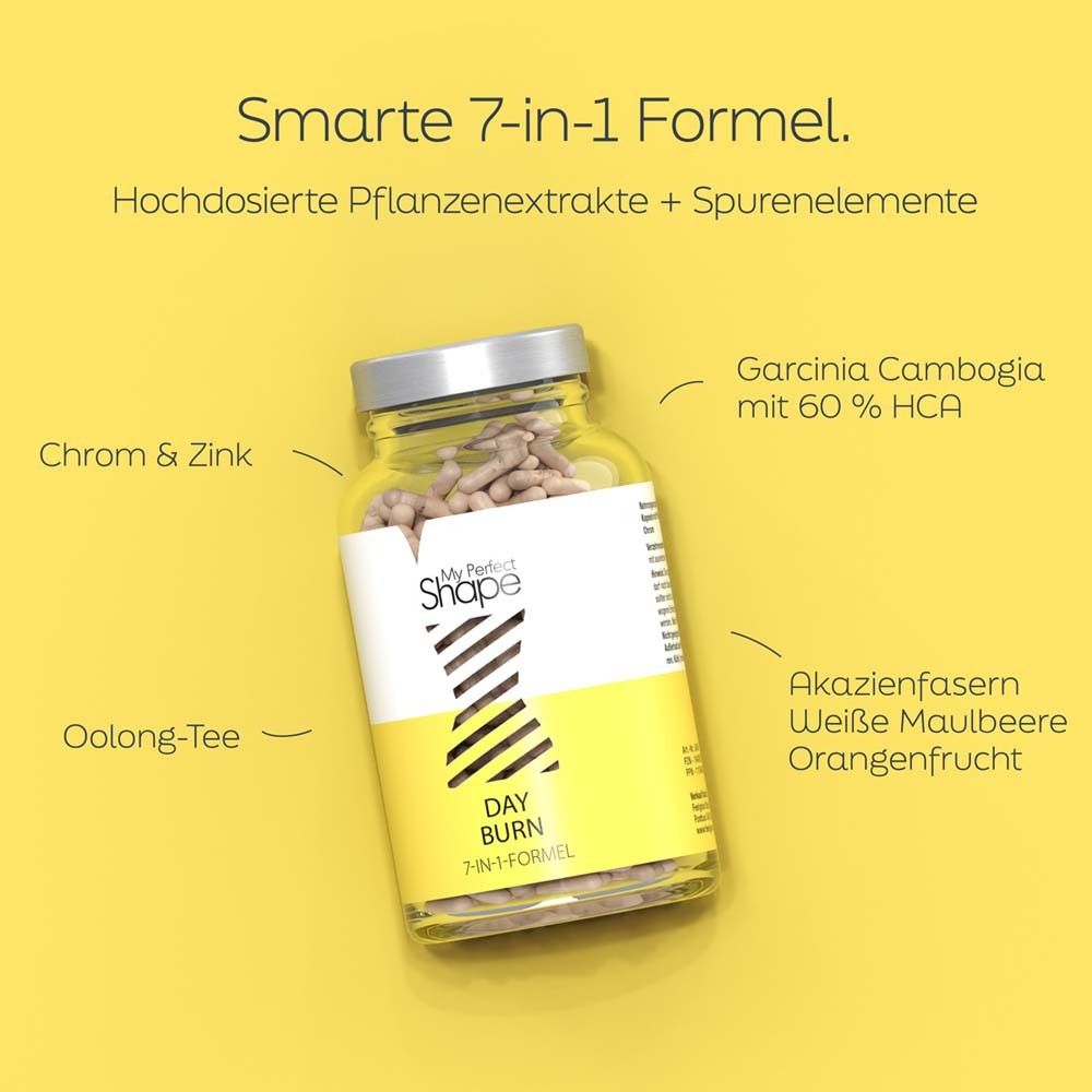 Glasflasche mit Kapseln. Aufschrift: My Perfect Shape, Day Burn. Zusätzliche Informationen.