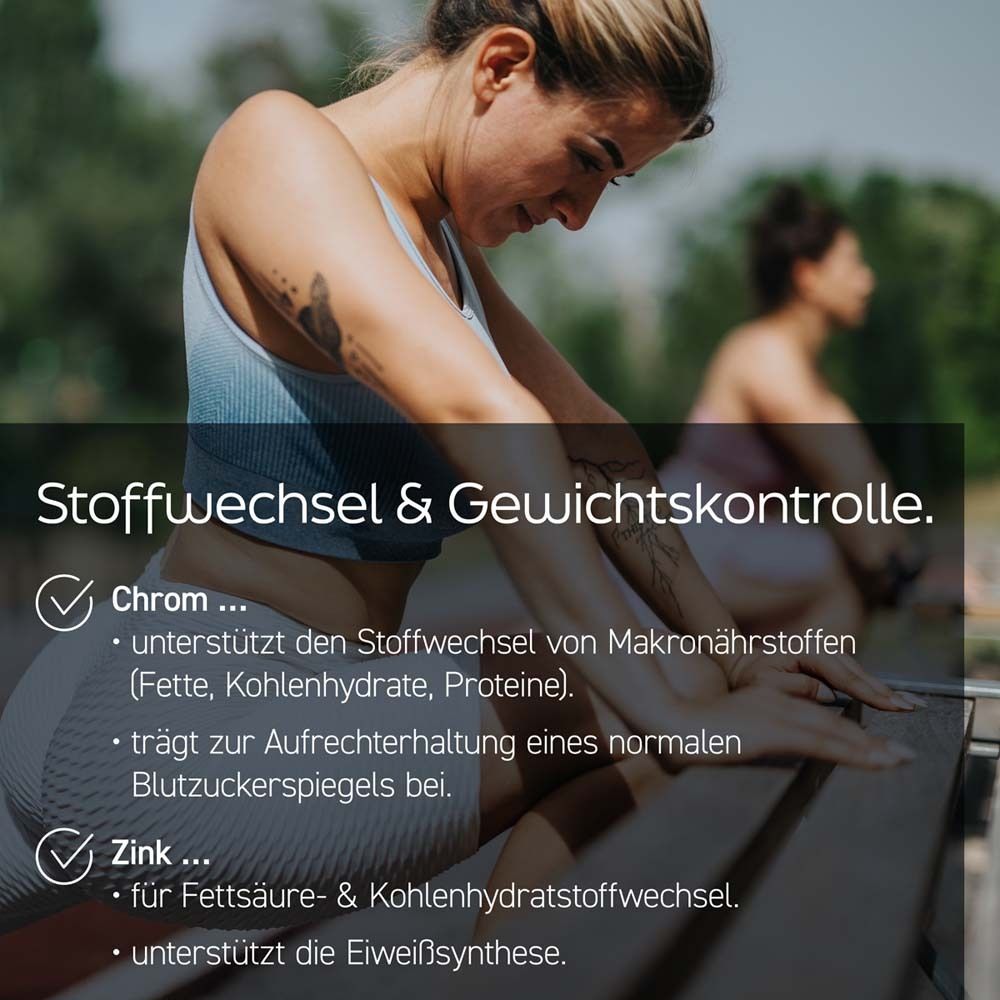 Zwei Frauen trainieren. Text: Stoffwechsel & Gewichtskontrolle. Chrom, Zink.