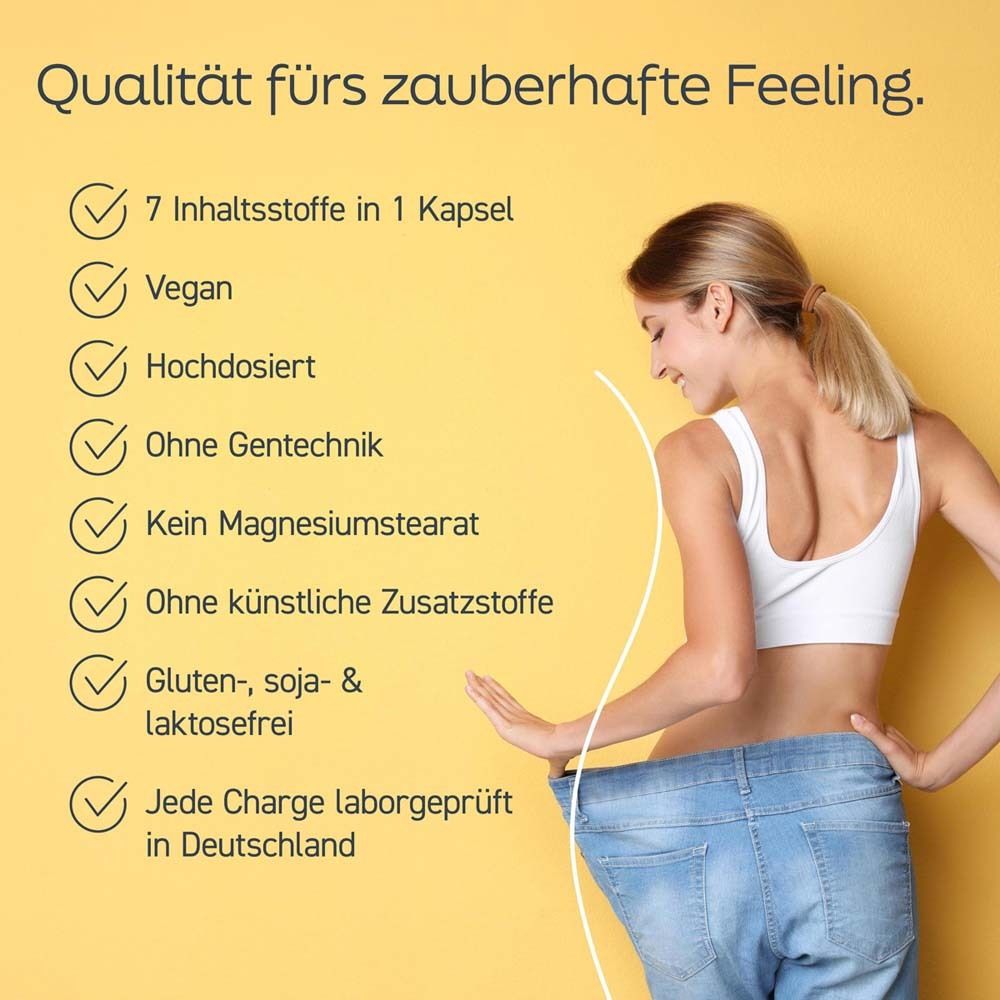 Frau mit Jeans. Text: Qualität für zauberhaftes Feeling. 7 Inhaltsstoffe, vegan, ohne Gentechnik.