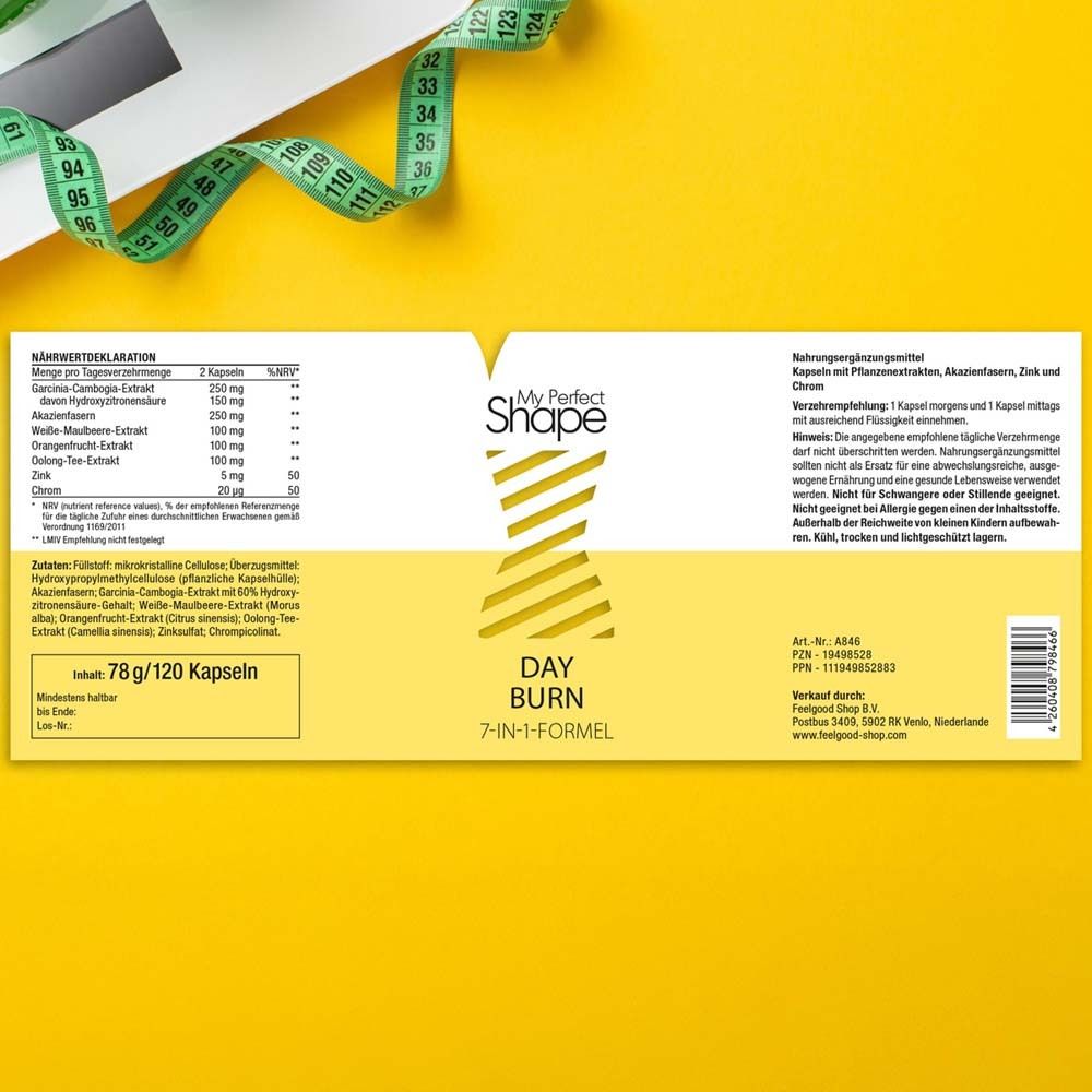 Verpackung von Day Burn. Nährwertdeklaration, Inhaltsstoffe. 78g/120 Kapseln.