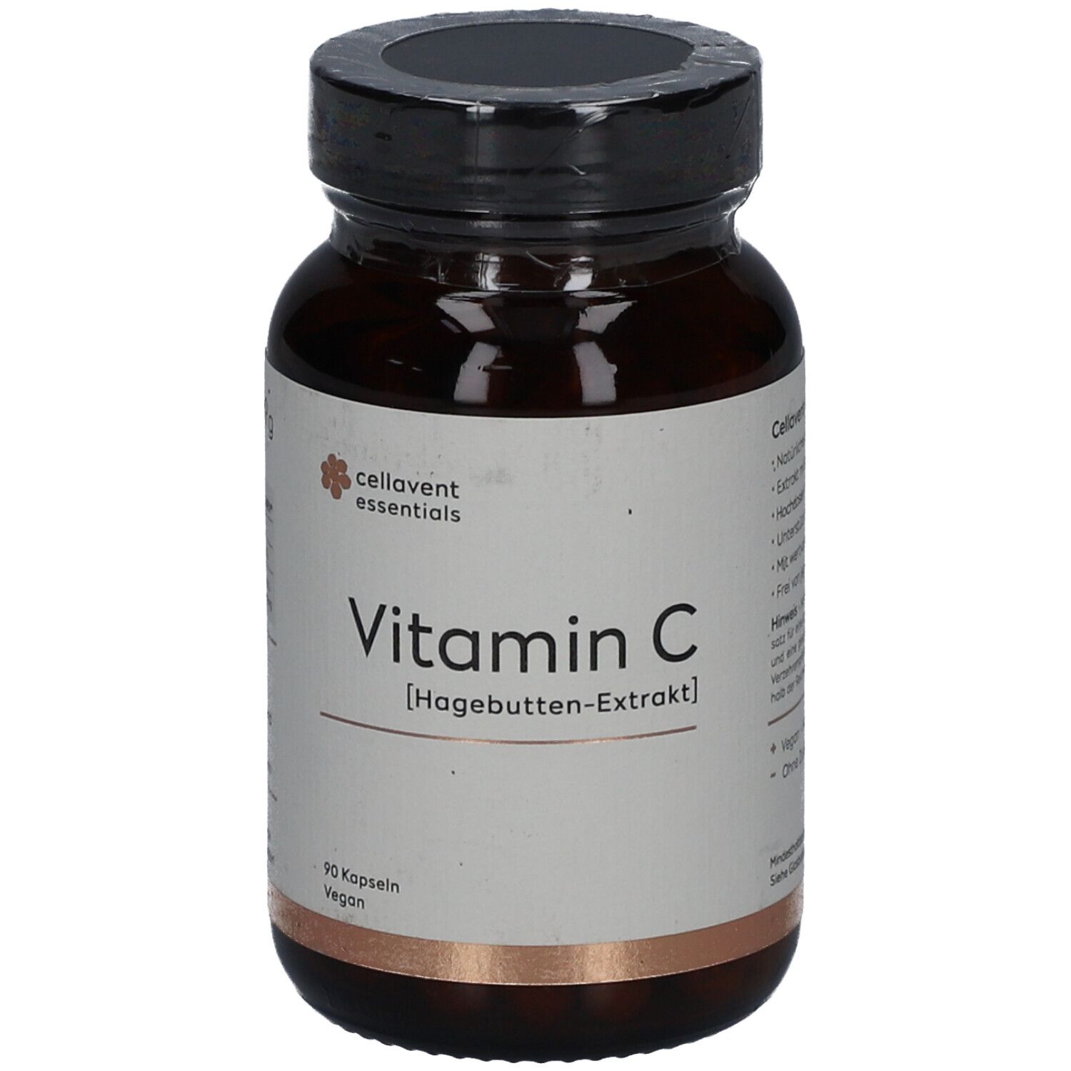Flacon en verre brun avec bouchon noir. Étiquette "Vitamin C" et "Hagebutten-Extrakt". 90 gélules, vegan.