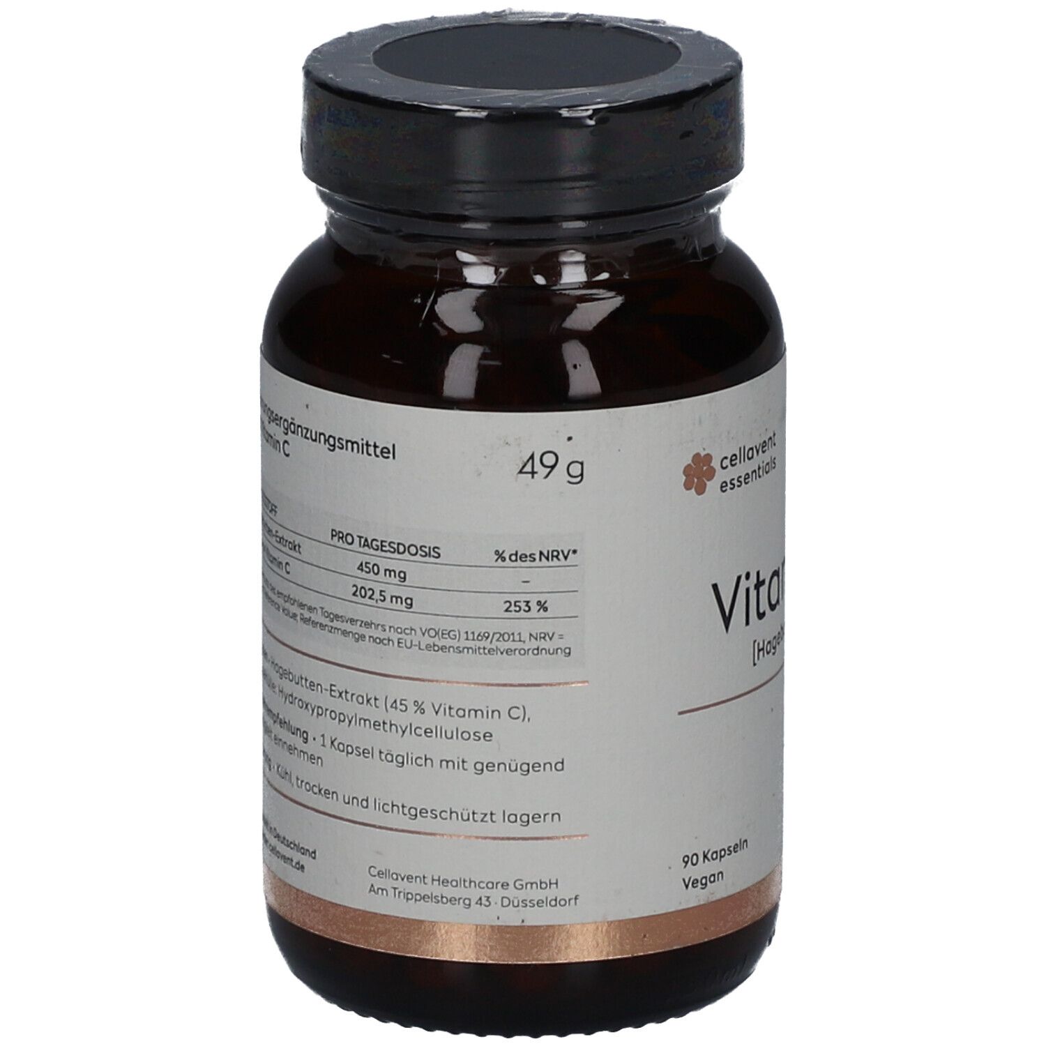 Flacon en verre brun avec étiquette. Contient des informations sur la vitamine C, 49g, 90 gélules. Vegan. Ingrédients.
