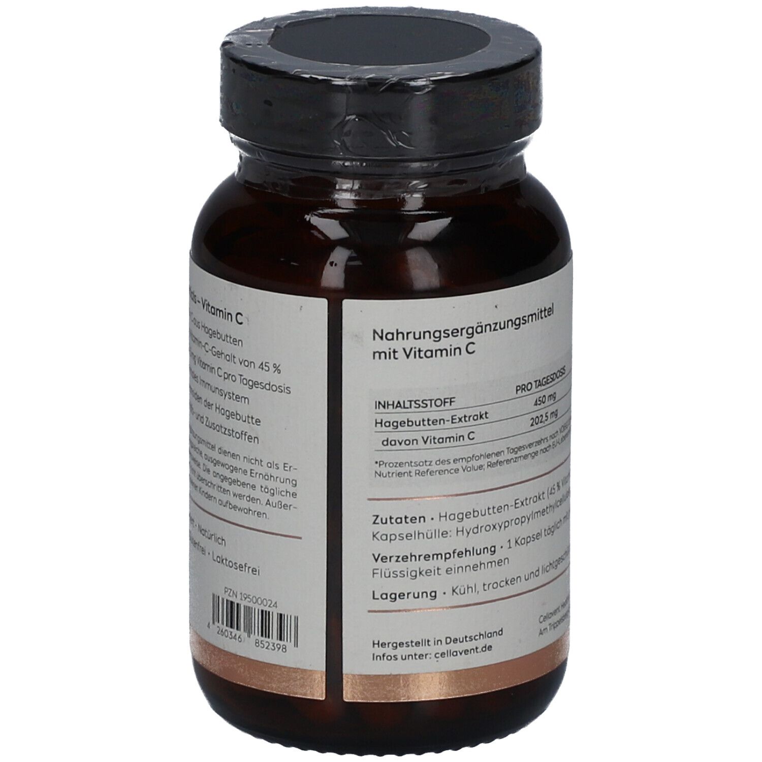 Flacon en verre brun avec étiquette. Informations sur la vitamine C. Ingrédients, dosage, conseils de stockage.