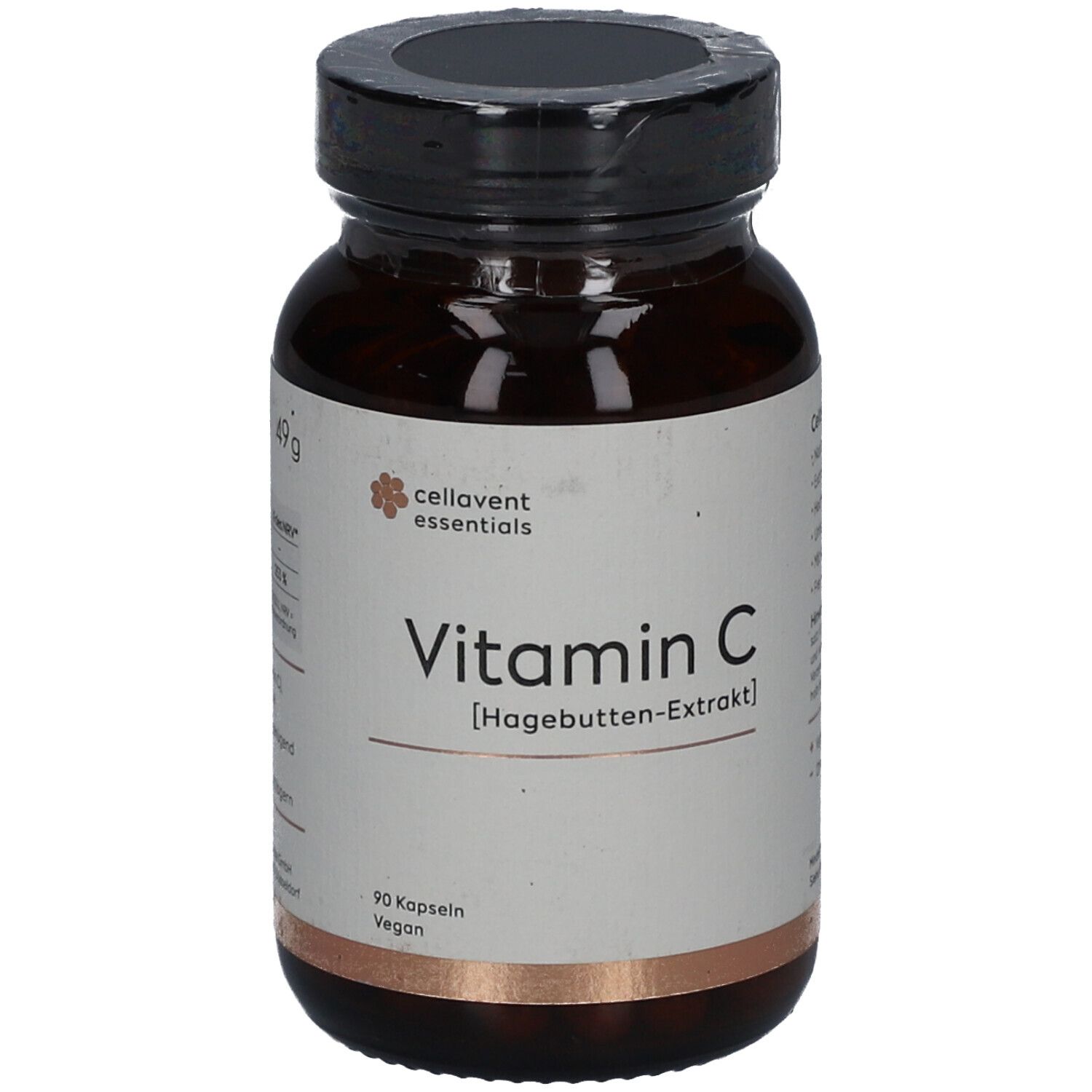 Flacon en verre brun avec bouchon noir. Étiquette "Vitamin C" et "Hagebutten-Extrakt". 90 gélules, vegan.