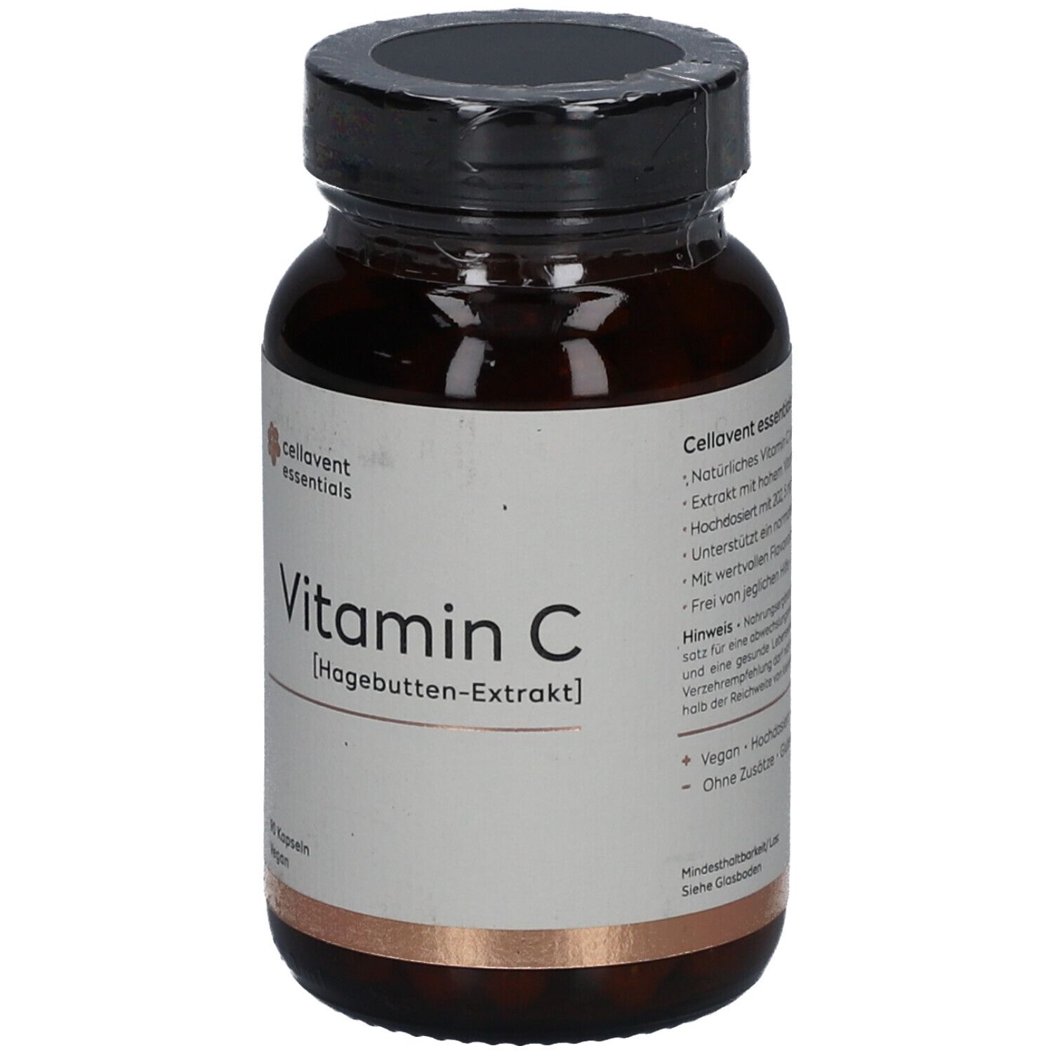 Flacon en verre brun avec bouchon noir. Étiquette "Vitamin C" et "Hagebutten-Extrakt". 90 gélules, vegan.