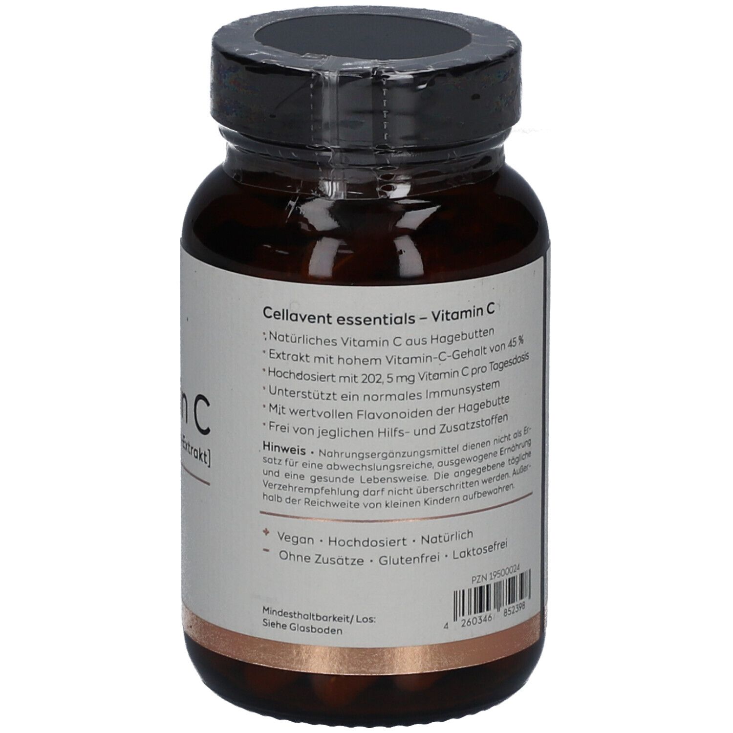 Flacon en verre brun avec étiquette. Informations sur la vitamine C. Vegan, sans additifs, sans gluten, sans lactose.