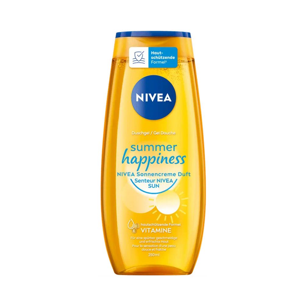 Gel-Dusche von Nivea. Gelbe Flasche mit blauem Deckel. Aufschrift: summer happiness, Nivea, Vitamine.