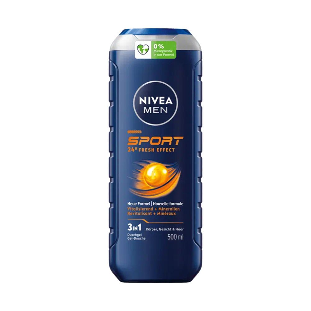 Gel douche Nivea Men Sport bleu. Accent jaune et texte. Formule 3-en-1 pour corps, visage et cheveux.
