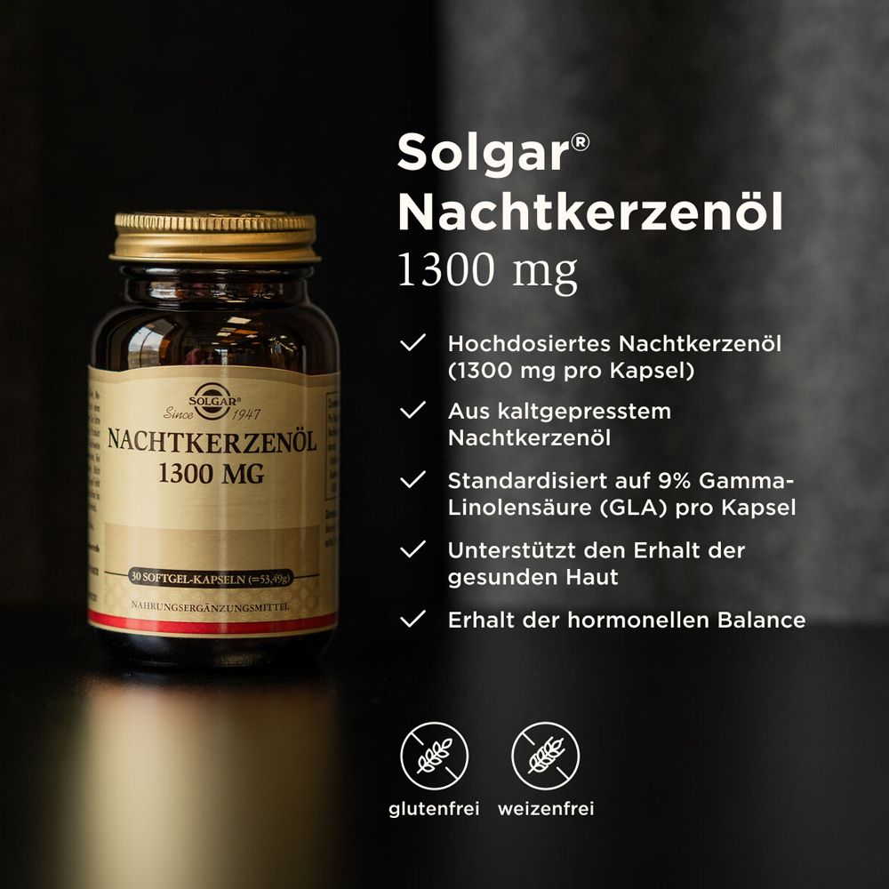 Flacon de produit à côté du texte. Texte : Solgar Nachtkerzenöl 1300 mg. Avantages : haute dose, pressé à froid, 9% GLA, peau saine, équilibre hormonal.