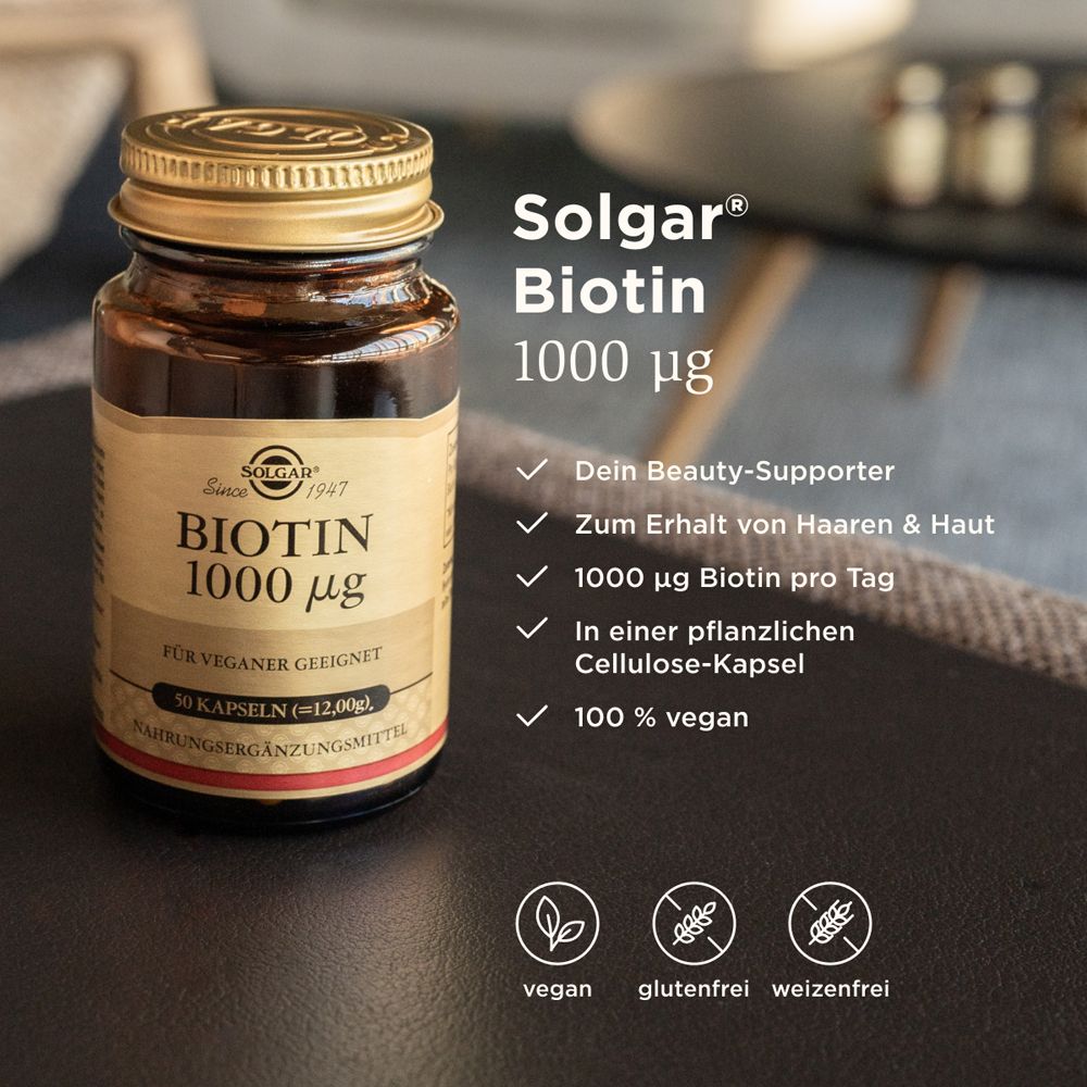 Flacon Solgar Biotine 1000 µg. Texte : Soutien beauté, cheveux & peau, 1000 µg biotine par jour, vegan, sans gluten, sans blé.
