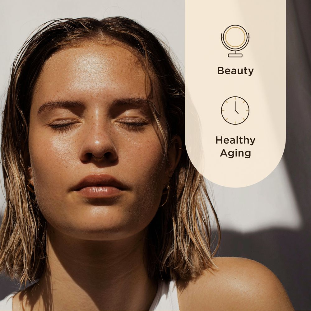 Portrait d'une femme aux yeux fermés. Texte : Beauté, Vieillissement sain.