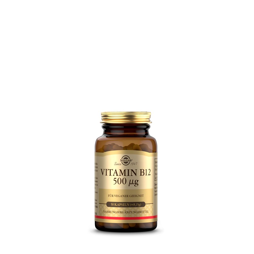 Flacon en verre brun avec couvercle doré. Étiquette avec texte: Vitamine B12 500 µg. Complément alimentaire.