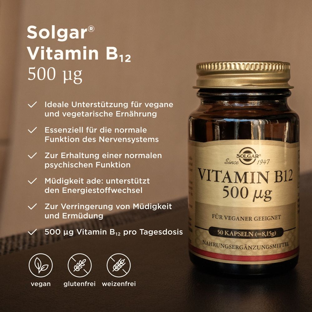 Image du produit avec texte: Solgar Vitamine B12 500 µg. Végétalien, sans gluten, sans blé. Soutient l'énergie et le système nerveux.
