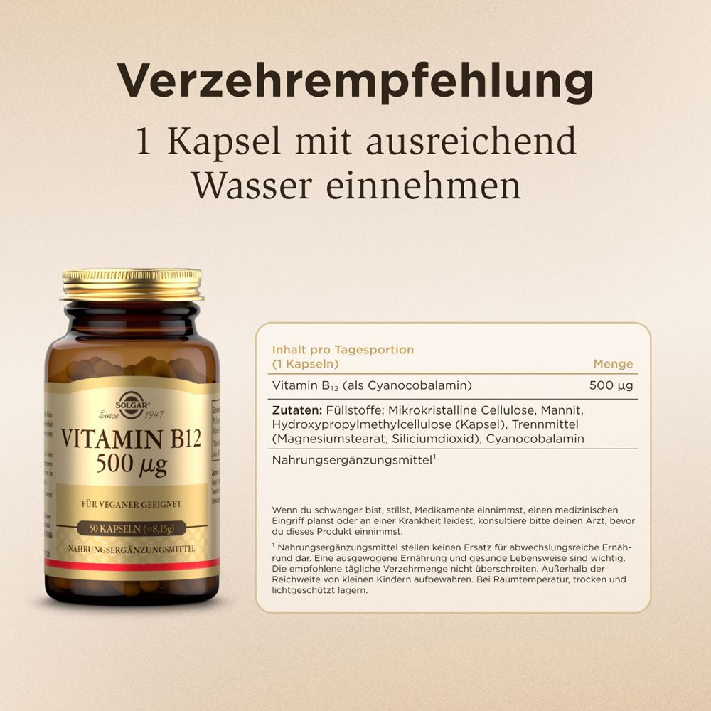 Flacon Solgar Vitamine B12 500 µg. Texte: Prendre 1 gélule avec de l'eau. Liste des ingrédients et informations nutritionnelles.