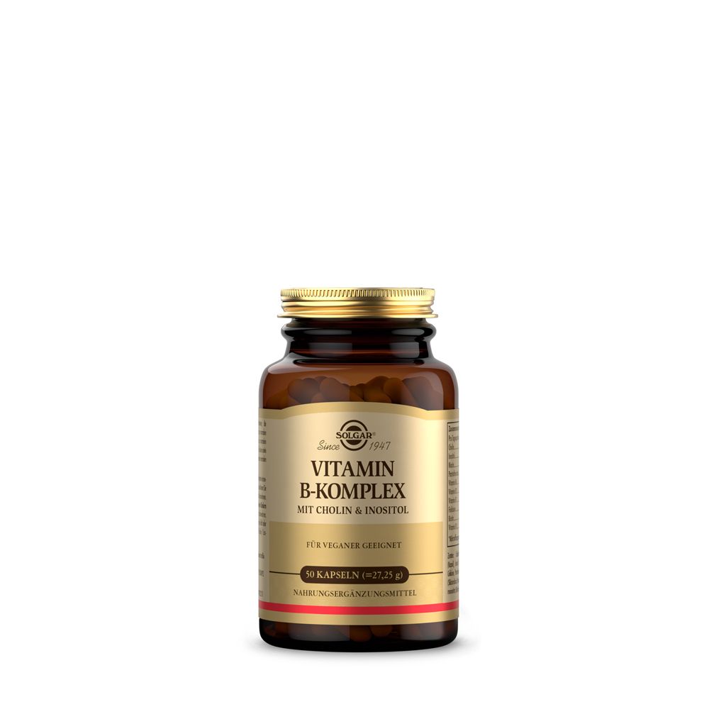 Flacon en verre brun avec couvercle doré. Étiquette avec texte: Vitamine B-Komplex avec Choline & Inositol. Vegan.