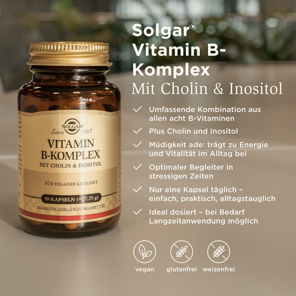 Image du produit avec texte: Solgar Vitamine B-Komplex. Contient de la choline et de l'inositol. Végétalien, sans gluten, sans blé.