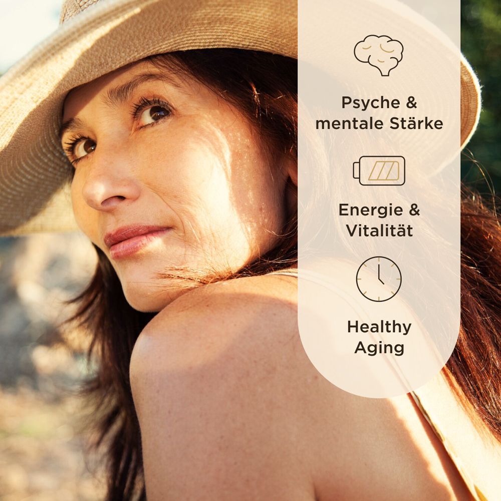 Femme avec chapeau. Texte: Psyché & force mentale, Énergie & vitalité, Vieillissement en santé.